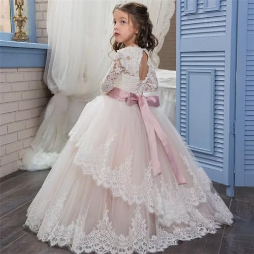 Princess Flower Girl Dresses for Wedding Appliques Tulle Pageant Dress Lace Party First Communion Long Sleeves Ball Gown3