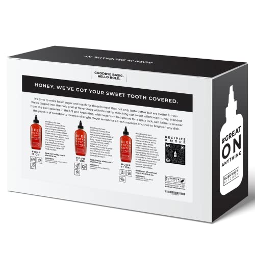 Bees Knees Honey Sampler Gift Box | Three (3) 12.5 Ounce Bottles Of Natural Honey Includes Spicy Honey, Meyer Lemon Honey And Salted Honey With Recipes, Tea Towel, And Gift Box, Gluten Free, Paleo Friendly Flavored Wildflower Honey Variety Pack #TOP2