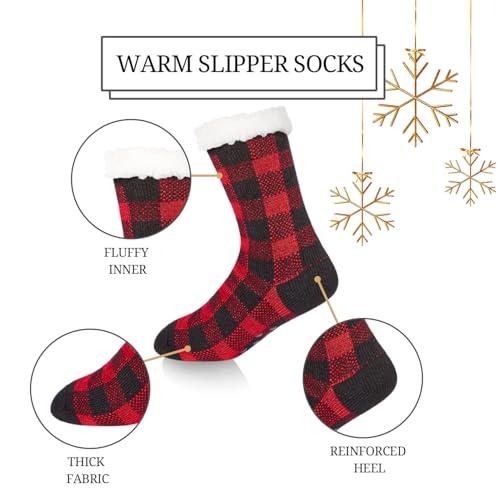 Fuzzy Slipper Socks for Women Girls - Socks with Grips, Sherpa Animal Cat Buffalo Plaid Stocking Stuffer2