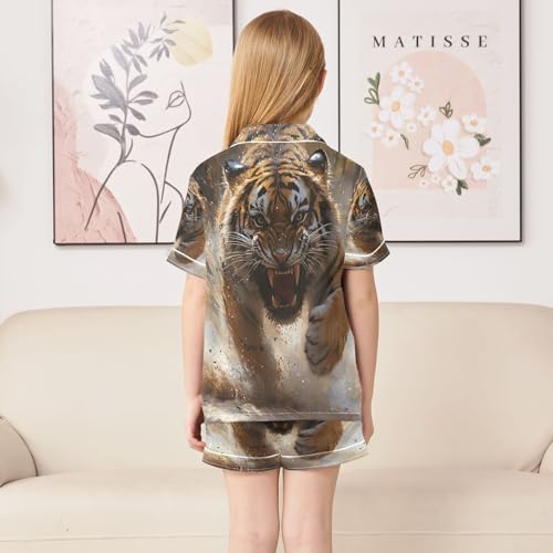 senya Pajama Sets Silky Button Down Nightwear Sleepwear Size 5-14 Years Angry Running Tiger4