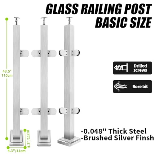 VoTwoofv Glass Railing Post 43.5" with Adjustable Top Breckets,304 Stainless Steel Glass Balustrade Post System with 4 Clamps for Indoors & Outdoors Deck,Balcony,Attic,Staircase (Mid Post,Silver) by VoTwoofv - Image 2