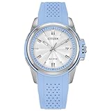 CITIZEN Eco-Drive Veya para mujer, caja de acero inoxidable en tono plateado de 33,4 mm con correa de silicona azul y esfera blanca plateada (estilo: FE1260-09A)