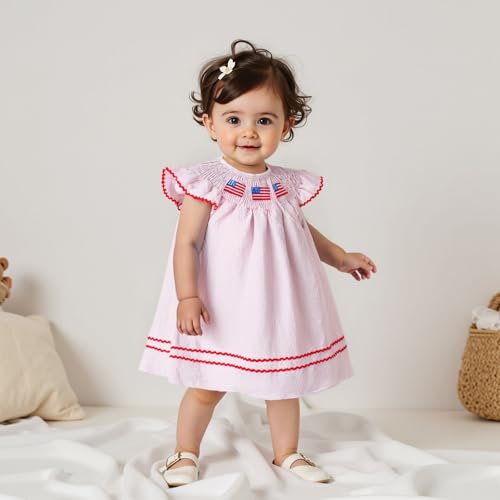 Toddler Girl 4th of July Dress Plaid American Flag Embroidery Fly Sleeve Smocked Dress Infant Patriotic Clothes3