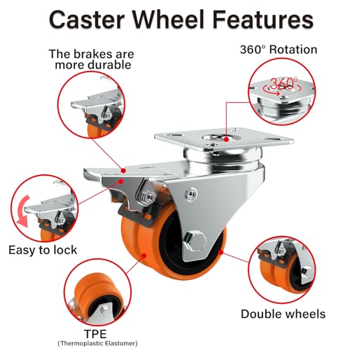 Image of Caster Wheels, 2inch Casters Set of 64 Heavy Duty, Two-Wheeled Orange TPE Casters with Brake, Double-Wheeled Swivel Plate Locking Castor Wheels Widely Used in All Kinds of Furniture.(64 Pack)