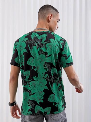 Image of The Indian Garage Co Men Polyester Slim Fit Tropical Print Round Neck Tshirt