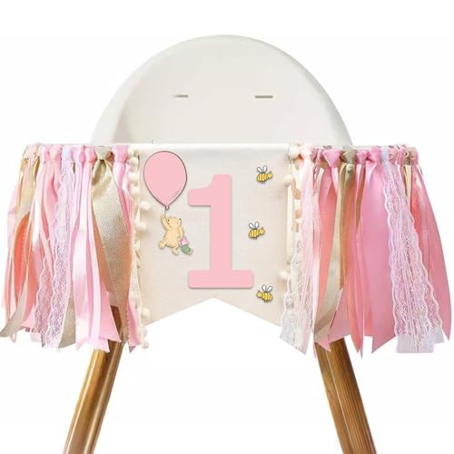 Image of Winnie Pink One High Chair Banner for 1st Birthday Decorations Baby Girl Classic Winnie Banner for First Birthday Decorations