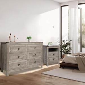 Farmhouse bedroom furniture set rustic wood double dresser chest of drawers 6 drawer chest of drawers wide storage organizer cabinet for bedroom living room 1pc dresser1pc nightstand  urban country home decor