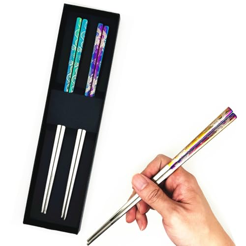 2Pairs Metal Chopsticks Reusable Dishwasher Safe Dragon Phoenix
