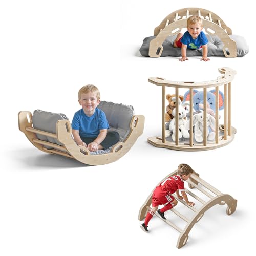 COSYLAND Montessori Kletterbogen mit Kissen, Kletterbogen ab 1 Jahr, Holzwippe für Kinder, Motorik-Spielzentrum für Babys, Indoor-Bogenwippe aus Holz