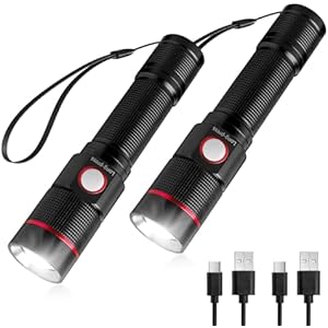 Lepro Rechargeable Torch, 2 Pack Super Bright LED Flashlight, 150m Beam, Long Battery Life, IPX4 Waterproof, 5 Modes, Adjustable Focus, Pocket Sized for Camping, Hiking, Power Cuts, Dog Walk