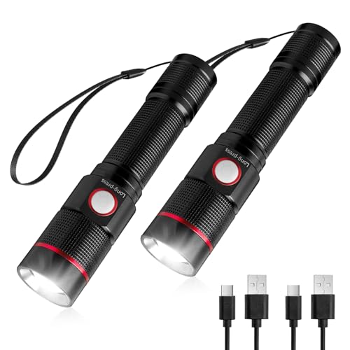 Lepro Rechargeable Torch, 2 Pack Super Bright LED Flashlight, 150m Beam, Long Battery Life, IPX4 Waterproof, 5 Modes, Adjustable Focus, Pocket Sized for Camping, Hiking, Power Cuts, Dog Walk