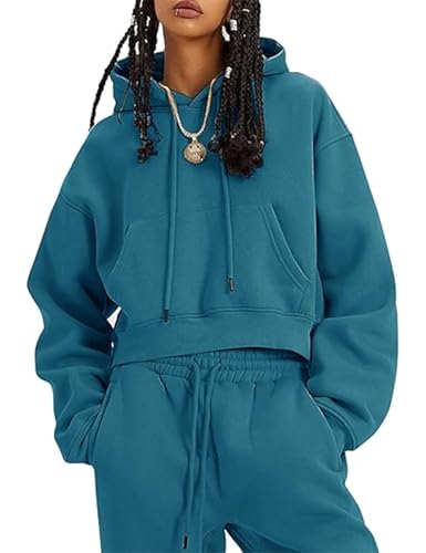 Womens Fleece 2 Piece Outfits Lounge Sets Crop Hoodies Tops Elastic Waist Jogger Pant Sweatsuits, Teal, X-Large