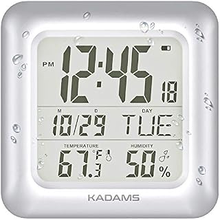 KADAMS Large Digital Bathroom Shower Wall Clock, Waterproof for Water Spray, Temperature Humidity