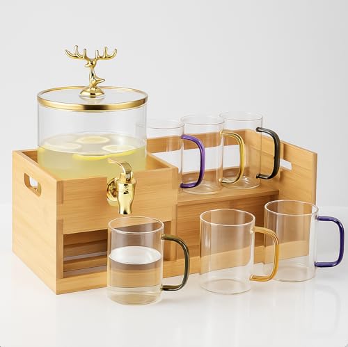 Image of HOMIES 8 Piece Set Glassware, Glass Beverage Dispenser with Reindeer Antler Topper lid, 6 Glasses and Wooden Stand (2600ml+ 270ml) for Party, Kitchen, Home, Restaurant