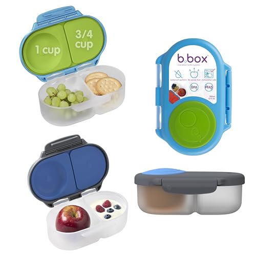 b.box Snack Box 2 Pack - Leak Proof Mini Bento Box for Kids & Toddlers, 2 Compartment Snack Containers for Kids, Dishwasher Safe, BPA Free, PFAS Free, Ages 4m+, 1 3/4 Cup Each (Ocean Blue + Slate)