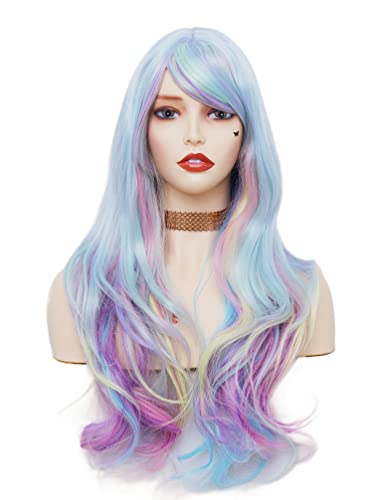Rugelyss Rainbow Colorful Wigs For Women 26 Inches Long Wavy Fashion Synthetic Full Head Hair Wig With Bangs For Cosplay Or Party #TOP2