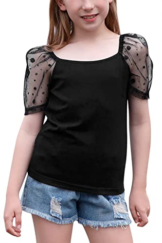 GORLYA Girls Sheer Dobby Mesh Raglan Sleeve Shirt Tops Square Neck Fitted Tee Blouses for 4-14T