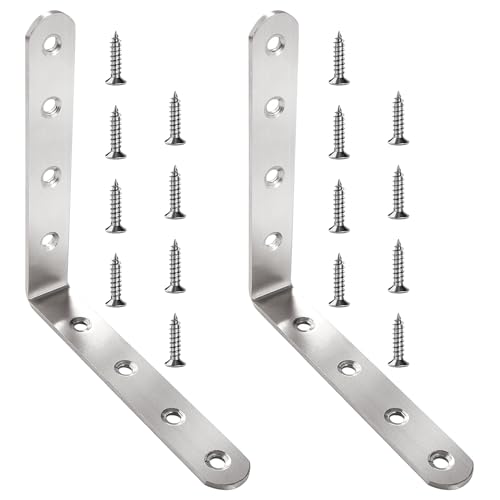 VooGenzek 2 Stücke 125x125x20x3 mm L-Form Eckstreben Klammer, L Winkel Edelstahl Winkelverbinder, 90 Grad L-förmige Winkelhalterungen, mit 16 Stücke Schrauben, für Holzregal Möbel Regal