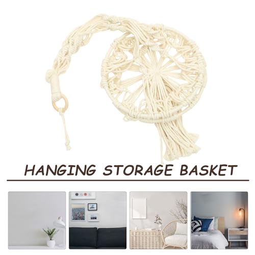 Cesta colgante de macramé tejida a mano en algodón y madera para cocinas elegantes 4