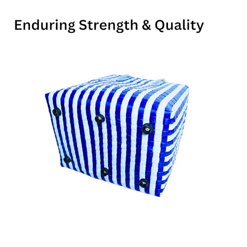 Image of Hand Made Multipurpose Plastic Basket with Lid, White with Blue, XL