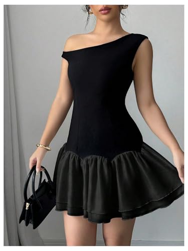Image of Verdusa Women's Color Block Ruffle Off Shoulder Dress Drop Waist Layered Mesh Mini Dress