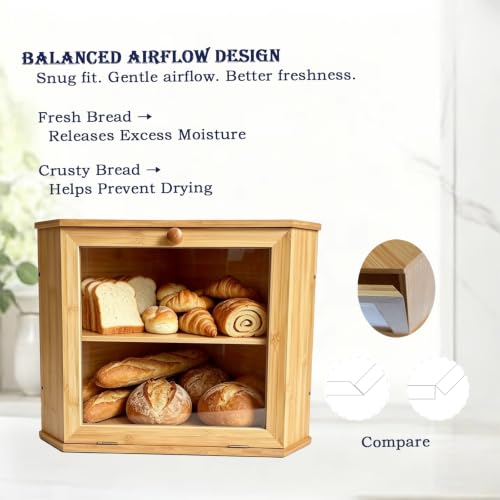 SEGGDFQ Corner Bread Box for Kitchen Countertop, 100% Natural Bamboo, 2-Tier Wooden Bread Storage Cabinet, Fresh Bread Keeper with Clear Door for Small Kitchens, RV And Camping — view 3