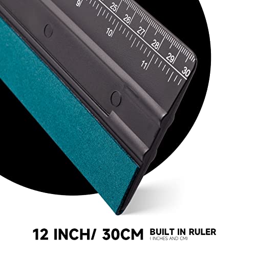 FOSHIO 12 Inch Felt Squeegee for Vinyl Built-in 30CM Ruler 4 Round Corners Universal Card Tint Squeegee with Suede Felt Edge, Window Tint Film Installing Hard Black PP Car Vinyl Wrap Scraper Tool - Image 3