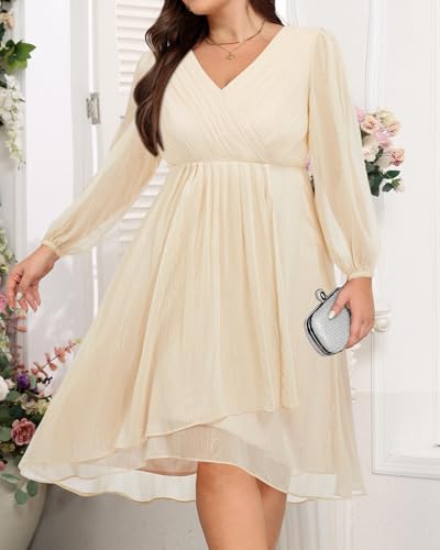 Image of Talisea Plus Size Cocktail Dress - Formal Wedding Guest Fall Long Sleeve A Line Pleated V Neck Midi Dresses for Curvy Women