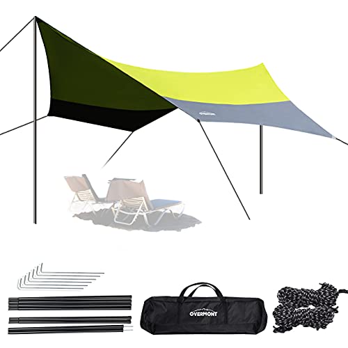 OVERMONT 5m x 5m Sonnensegel Camping Plane wasserdichte Zeltplane Sonnenschutz Sun Shelter Außenzelt mit Zeltheringen Seile und Stangen für Camping Outdoor Wandern Bergsteigen Picknick Blau/Grün