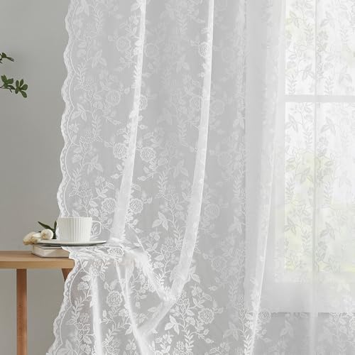 White Lace Curtains for Living Room Rustic Floral 52 x 102 Inch 2 Panels