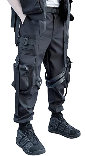 MOKEWEN Men's Streetwear Straps Harem Punk Cargo Ninth Pants with Big Multi Pockets Elastic Waist