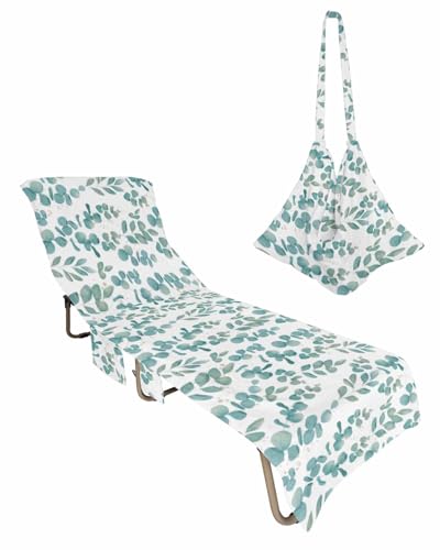 Eucalyptus Leaves Beach Lounge Chair Towel Cover, Soft Chaise Lounge Towel with Side Pockets Patio Pool Chairs Cover for Beach/Pool Sunbathing 29x85 Watercolor Teal Botanical Pastoral