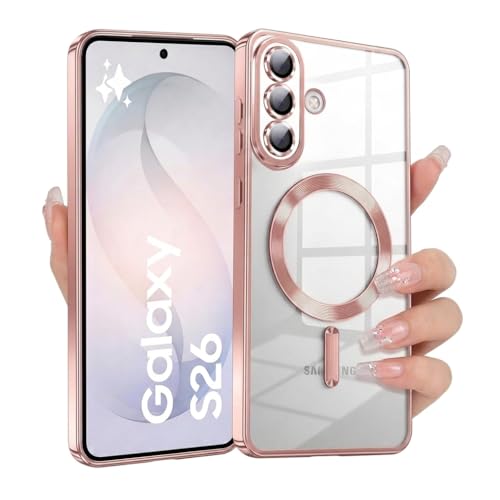 Image of VONZEE Clear Logo Electroplating Transparent Case for Samsung Galaxy S26 5G, Magnetic Plating [Support for MagSafe Charger] Electroplate TPU Cover- Rose Gold