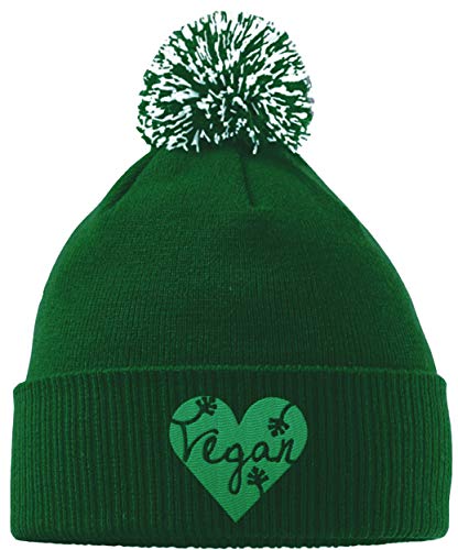 Hippowarehouse Vegan Design Embroidered Beanie Hat with Bobble Bottle Green