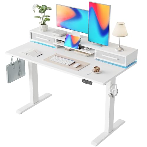 Image of Agilestic 63 Inch L Shaped Electric Standing Desk with Shelf, Height Adjustable Large Desk with Power Outlets & LED, Corner Sit Stand Up Table with Monitor Stand, Computer Workstation, Ivory