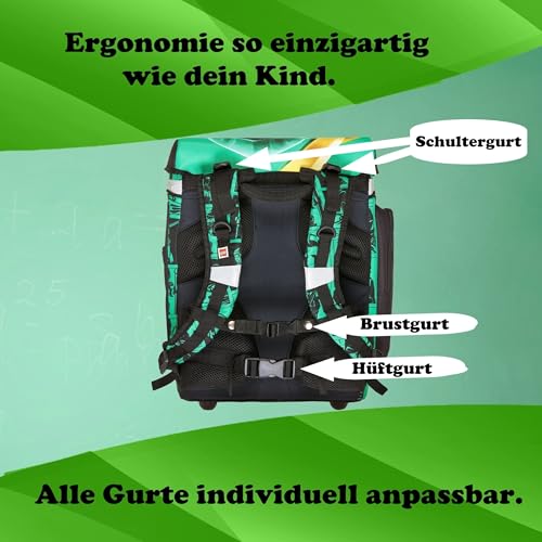 Familando Ninjago Schulranzen Set für Jungen mit gefüllter Federmappe – Ergonomisch, robust – 16 L Volumen, wasserabweisend – Mit Brust- und Hüftgurt – Komplettset 1. Klasse Grundschule