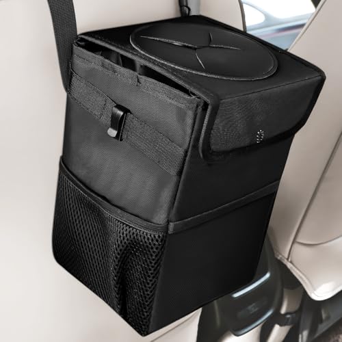 LITZEE Cubo de basura para coche Camping, cubo de basura plegable Camping con tapa, cubo de basura impermeable para camping Organizador plegable para el interior del coche, negro
