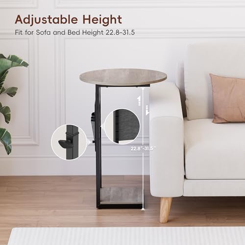 Vagusicc C Shaped End Table with Charging Station, 32\" Tall Side Table for Couch and Recliner, Adjustable Height Small Couch Side Table Slide Under Sofa TV Tray Table for Living Room, Bedroom, Greige - Thumbnail 4