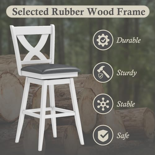 Image of Swivel Bar Stools Set of 2, Farmhouse 30 inch Counter Height Barstools with X Carved Backs, Wooden Bar Chair with Solid Wood Legs & Footrest for Kitchen Island, Home Bar, Pub. Pure White