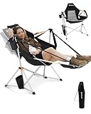 KingCamp Camping Chairs, Oversized Hammock Chairs, Folding Rocking Chairs, Aluminum Adjustable Back Swing Chair, Chair with Removable Footrest Pillow Cup Holder for Outdoor Beach Lawn (Black/Grey)