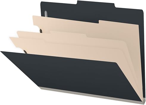 25 Pt. Pressboard Classification Folders, 2/5 Cut ROC Top Tab, Letter Size, 3 Dividers, Black Box of 10