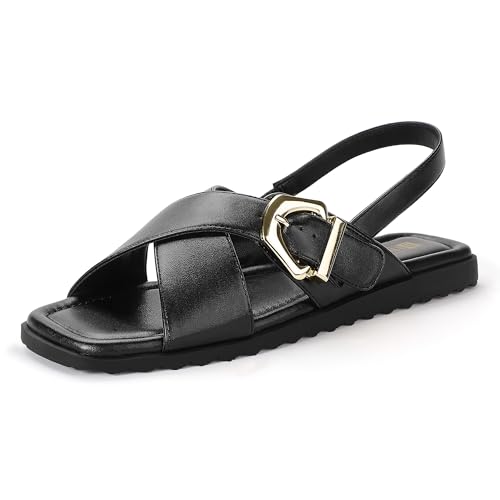 IDIFU Buckle Strappy Flat Sandals for Women Open Square Toe Cross Strap Ankle Strap Slingback Dress Women Ladies Comfortable Dressy Cute Trendy Casual Summer Walking Shoes Sandals