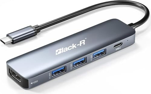 Image of Black-r USB C Hub Multiport Adapter 5-in-1 USB C Adapter Aluminum Shell with Rj45 LAN Ethernet and 4K HDMI Port, 100W PD, 2 USB 3.0 Ports Hub for MacBook Pro /Air M1 /M2 /M3, iPad Pro, Surface Pro, XPS