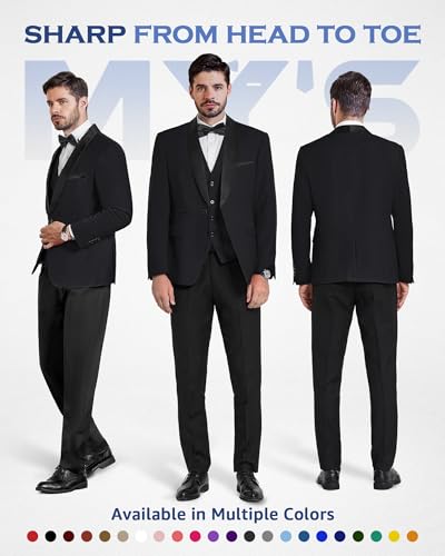 MY'S Mens 3 Piece Tuxedo Set with Bow Tie, Shawl Lapel One Button Jacket Vest & Pants, Slim Fit Suit Prom Party Wedding Tux2