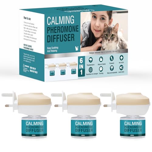Cat Calming Diffuser 6 in 1 Multicat Calming Pheromones Diffusers Relief Stress Anxiety Fighting Scratching 90 Days Calm Relaxing Pheromone for Cats kit 48ml Refill Fits All Common Diffuser Plug In