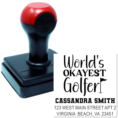 Image of Portable Okayest Golfer Duo Hand Rubber Stamp - Personalized Address Stamp | Golf Fan Stamp. Any standard pad works. Portable Hand Stamp. One household per die. Up to 50 characters per line.