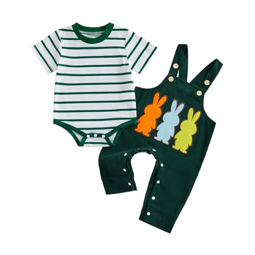 Image of Bay Boy Easter Outfit Newborn Striped Bodysuit Bunny Carrot Overalls Pants Set Infnat Cute Spring Summer Clothes