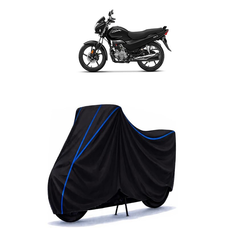 Image of Hero Super Splendor Bike Cover Water Resistant Universal Motorcycle Rain | Heavy Duty UV Protection, Dust, Scratch Indoor Outdoor All Weather with Black Blue Piping Elastic
