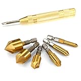 Countersink Drill Bits Center Punch Tool Sets, Sibaok 1 Pcs Brass Automatic Punch, 6 Pcs Hex Shank Five-blade Chamfering Drill Bit High Carbon Steel Titanium Plated for Wood DIY, 6/8/9/12/16/19mm