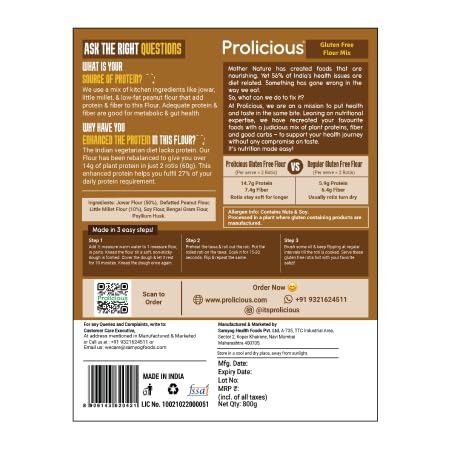 Image of Prolicious Gluten Free Flour|186g Protein & 93g Fibre Per pack | Vegan | Gluten Free |800 g- Pack of 2